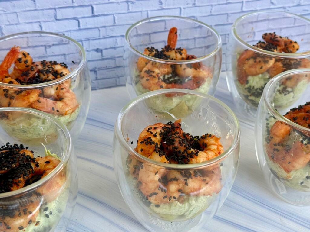 verrine asperges, avocat, crevettes